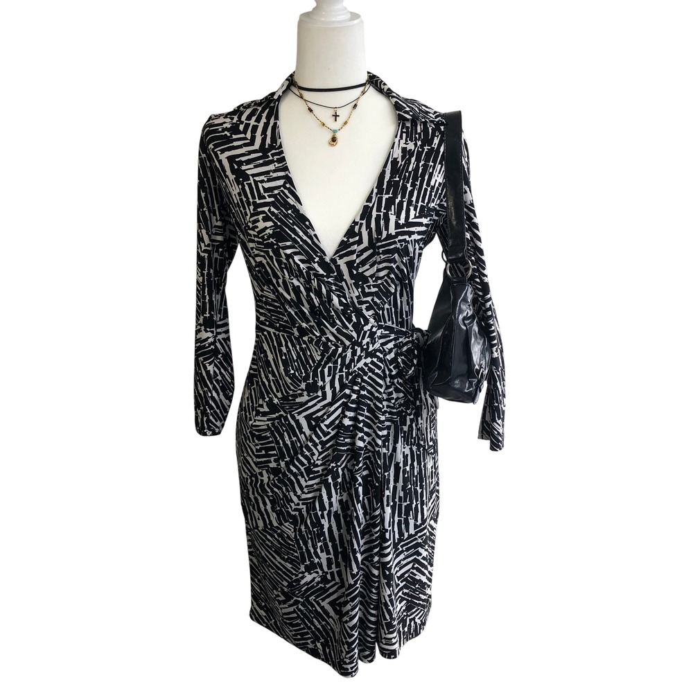 Lauren Ralph Lauren Wrap Dress Womens 0 Black White Abstract Print Long Sleeve